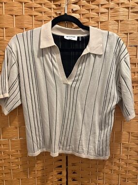 LNA Clothing Cream Short-Sleeve Collared Stripe Knit crop Top